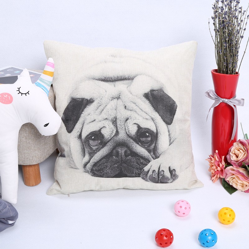 Sarung Bantal Dengan Bahan Katun Linen Dan Gambar Anjing Pug Lucu