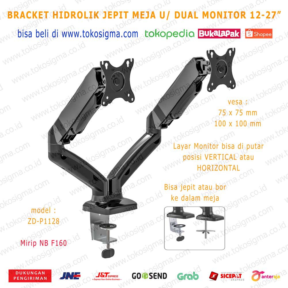 BRACKET JEPIT MEJA DUAL ARM MONITOR DESK HIDROLIK 12-27&quot; ZD-P1128 mirip model NB F160