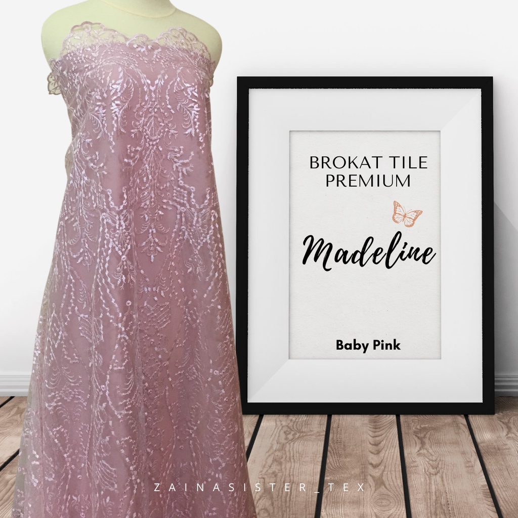 Bahan Kebaya Modern Brokat Brukat Tile Tule Bordir Premium Mewah Madeline Warna Pink Muda Baby Pink