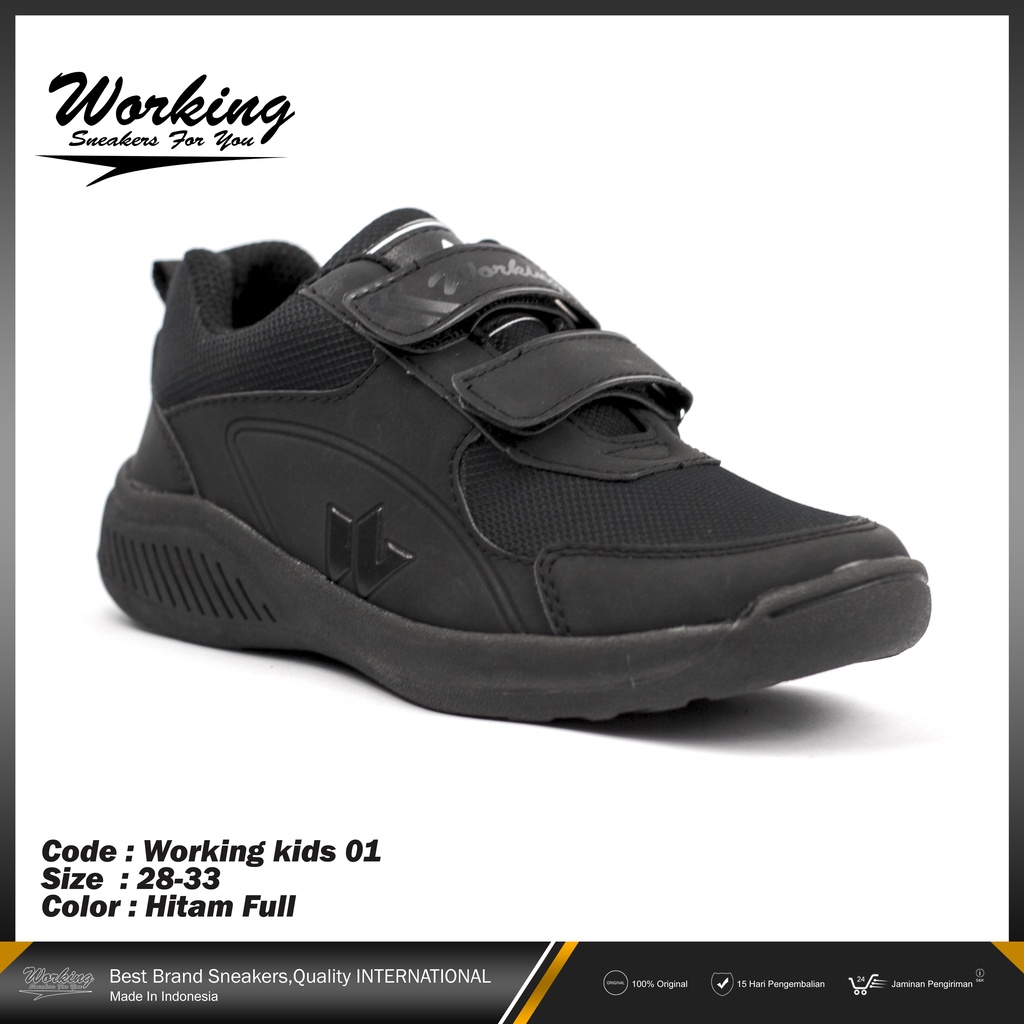 Sepatu Anak Sekolah TK SD Working Kids-01 Full Hitam Sneakers Hitam Tanpa Tali (Kids Baru)