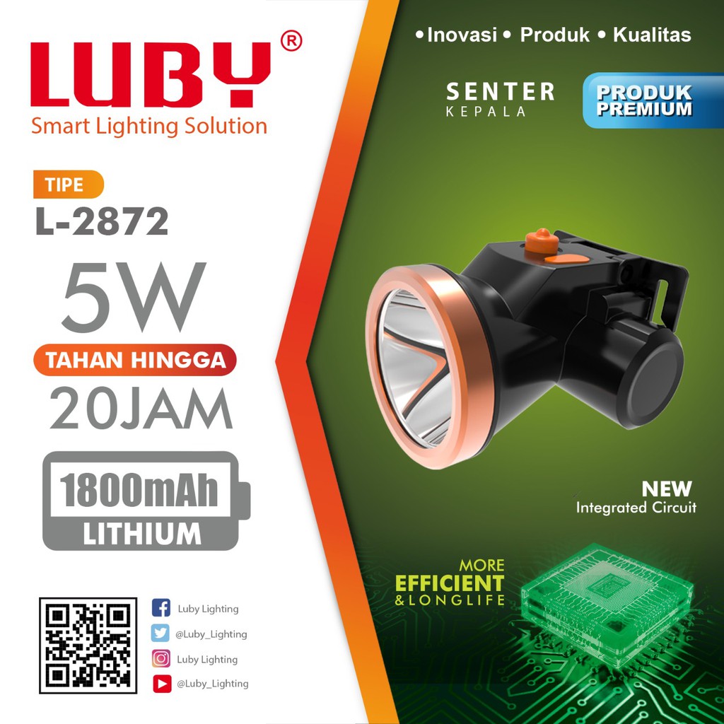 Headlamp Luby L-2872 5W Senter Kepala Cahaya Putih Lithium