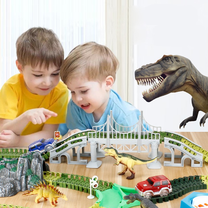 Children DIY Dinosaur Assembled Tracks Toy Race Car Flexible Track Electric Car Playset for Kid Gift