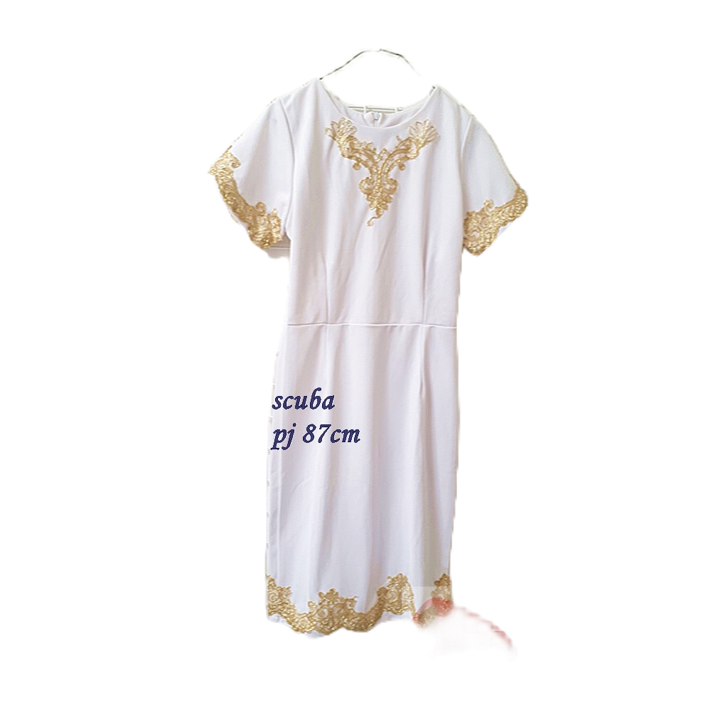 Dress Scuba Putih renda gold | Dress bodycon