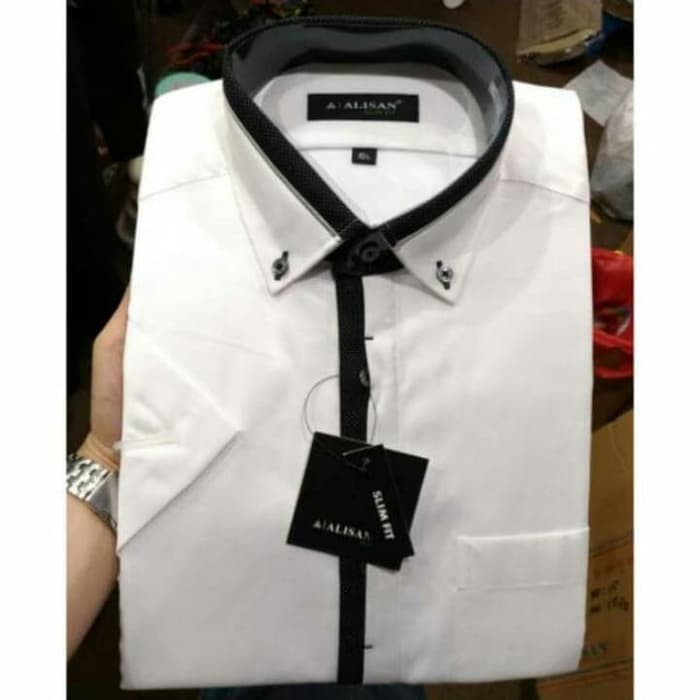 Populer kemeja ALISAN putih pendek kombinasi slim fit