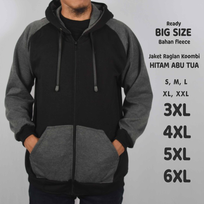 Jaket Pria Hoodie Raglan Kombi Hitam Abu Tua Jumbo