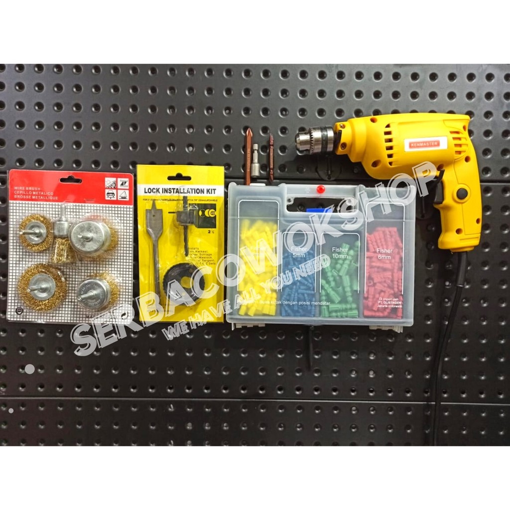 Paket Lengkap Mesin Bor 10 mm 2 Arah + Mata Bor Fischer + Sikat Bor Mangkok + Mata Bor Holesaw