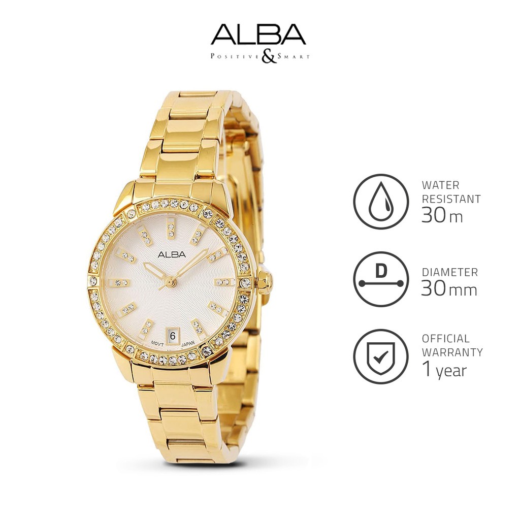 Alba Jam Tangan Wanita Fashion AG8H02 / AG8H02X1 Quartz White Pattern Dial Gold Stainless Steel Stra
