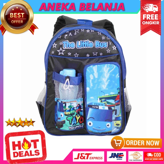 Ransel Punggung Khusus Anak Botol Cowok Gambar Kartun Little Bus Biru Berkualitas Keren Multifungsi