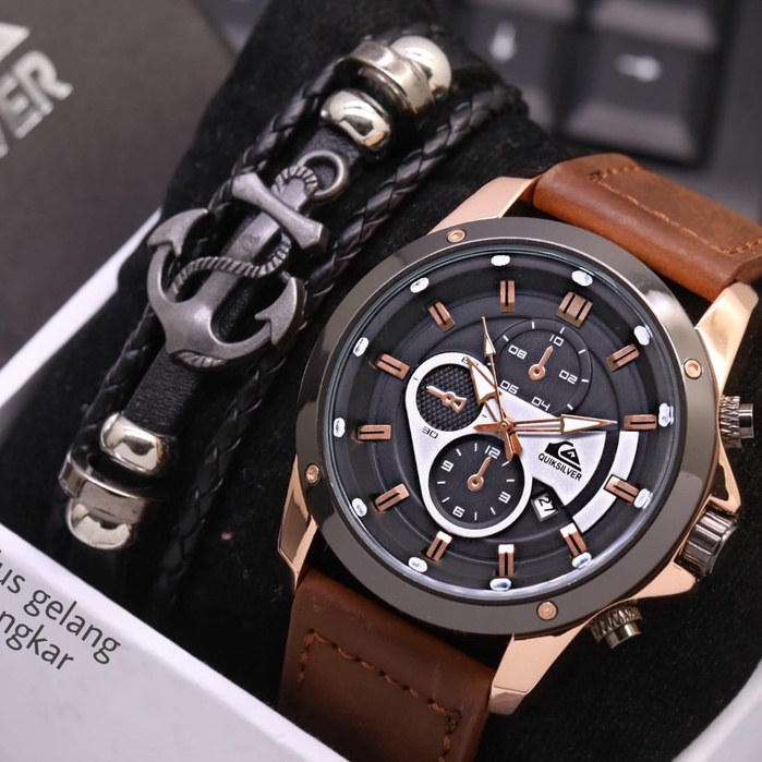 BEST SELLER JAM TANGAN PRIA QUIK SILVER FM115 TALI KULIT CHRONO HIASAN TANGGAL AKTIF DM 4.5CM FREE GELANG, BOX &amp; BATERAI CADANGAN || JAM TANGAN FASHION PRIA JAM COWOK QUIKSILVER QUIK SILVER