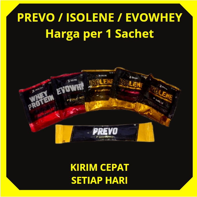 PREVO / WHEY PROTEIN / ISOLENE PER 1 SACHET ECER EVOLENE ISOLATE SUPLEMEN FITNESS BPOM HALAL SACET ECERAN EVOLEN SUSU GYM