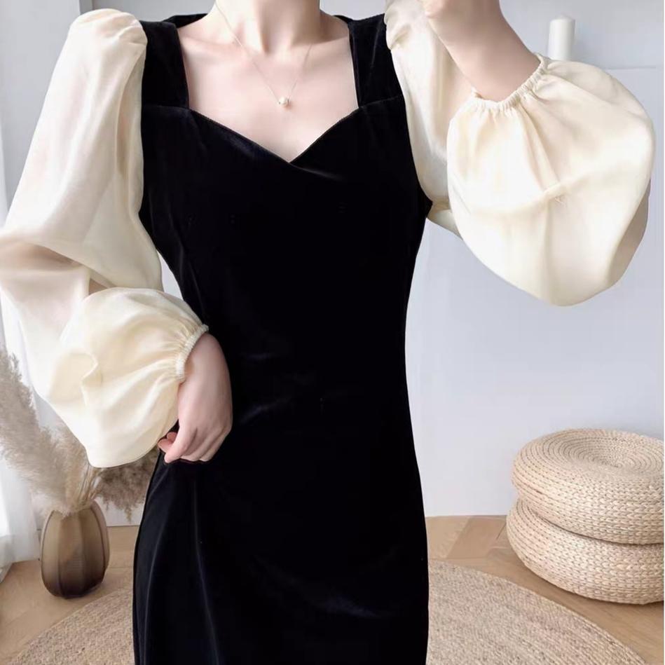 Best Seller.. Dress Hitam Import Enzisme hitam Korean Dress Lengan Panjang Black Dress Pesta Kondang