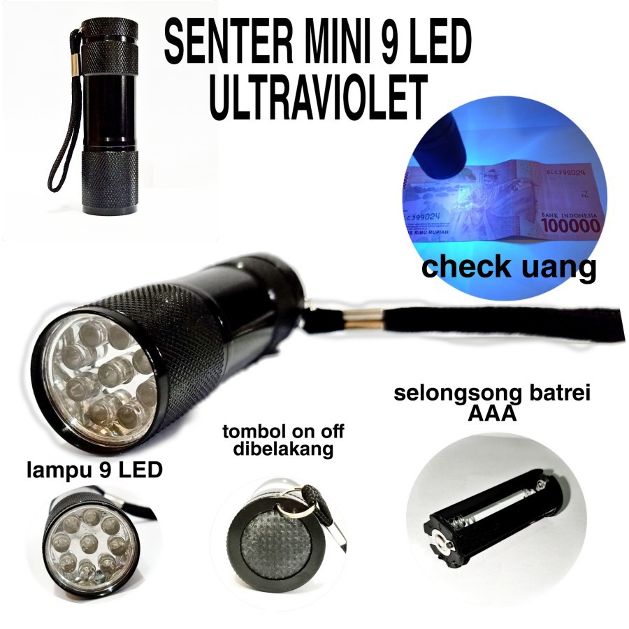 SENTER MINI 9 LED ULTRAVIOLET UNTUK CHECK UANG DLL FLASHLIGHT