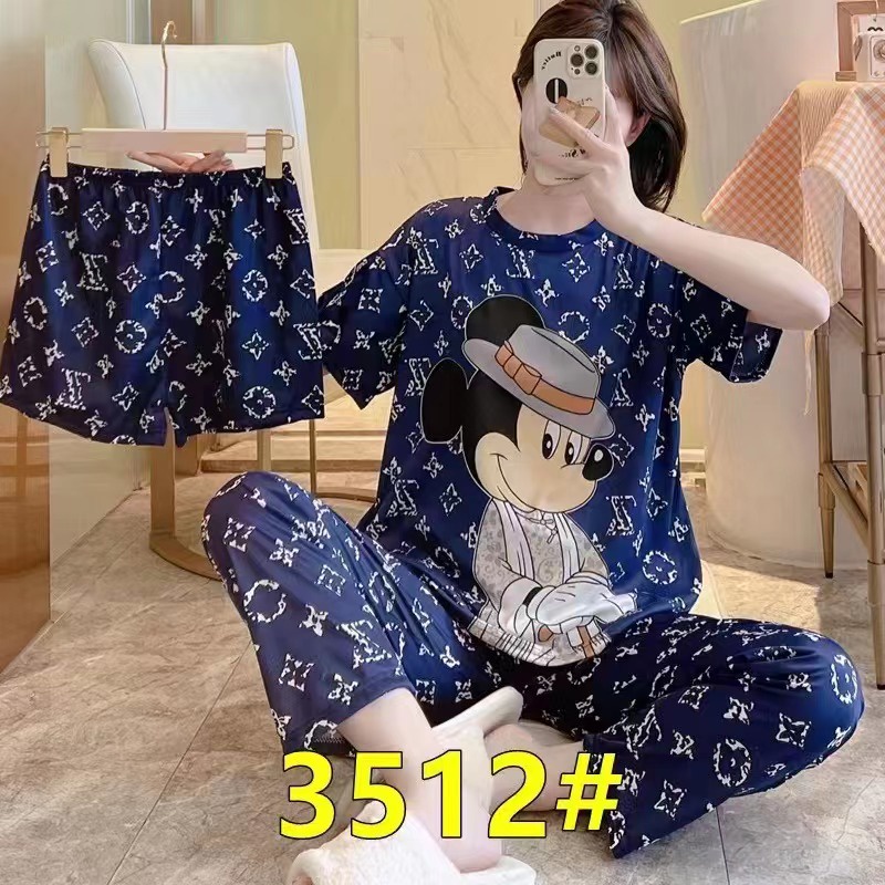 AJW Shop Piyama 3 in 1 | Piyama Lengan Pendek | Baju Tidur Impor | Baju Tidur 3in1-MickeyL Navy