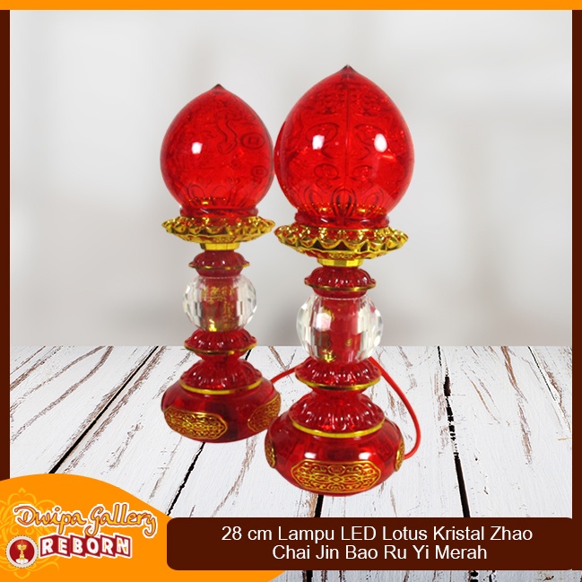 Lampu Sembahyang Altar Merah LED Lotus Kristal Zhao Chai 28cm