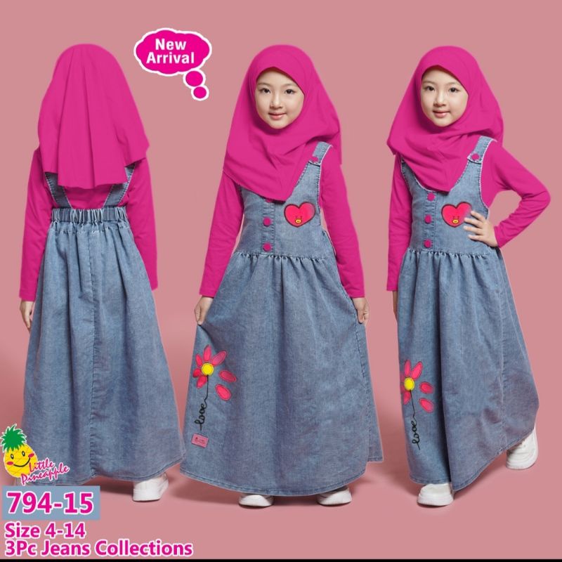 (LP. 794-15) LITTLE PINEAPPLE OVERALL JEANS + INNER + JILBAB NO.4-14