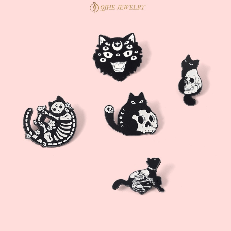 Bros Pin Enamel Bentuk Kucing Tengkorak 5 Gaya Gothic Punk Untuk Hadiah