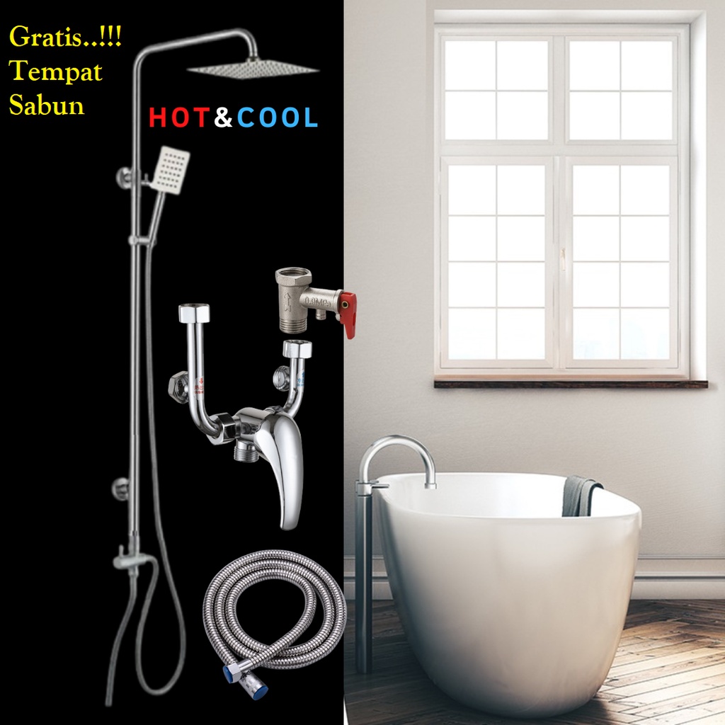 Shower Tiang Set Panas dingin Stainless Hitam &amp; Shower Tiang Column Set Panas Dingin Black