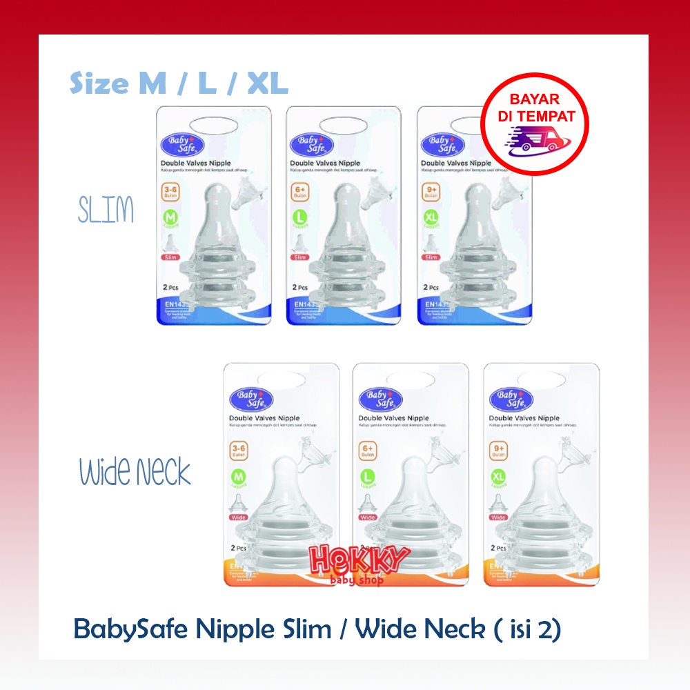 Baby Safe Double Valves Nipple Slim / Wide neck Isi 2pc