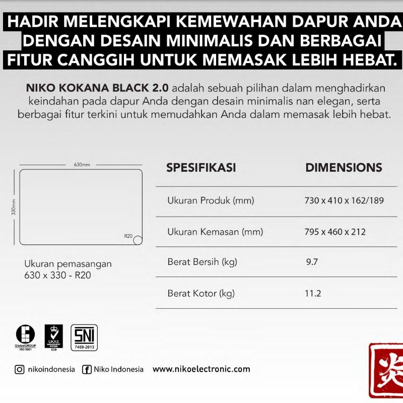 Niko Kompor Gas Kaca 2 Tungku Atau 3 Tungku 2in1 (Tanam/Meja) KOKANA BLACK