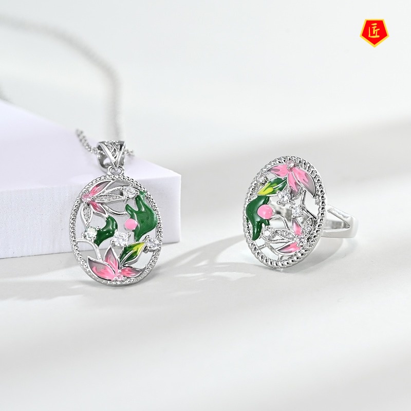 [Ready Stock]Oval Flower Rhinestone-Embedded Ring Earrings and Necklace Set