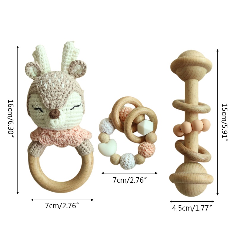 Mary 3pcs / Set Mainan Gelang Teether Bayi Newborn Bahan Kayu Crochet Desain Rusa
