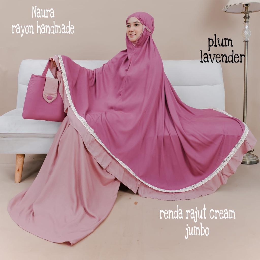 Mukena Naura Rayon Atasan Plum Bawahan 5 Variasi Warna Renda Rajut Cream Jumbo Handmade Bali Polosan Mukenah High Quality - Dewasa