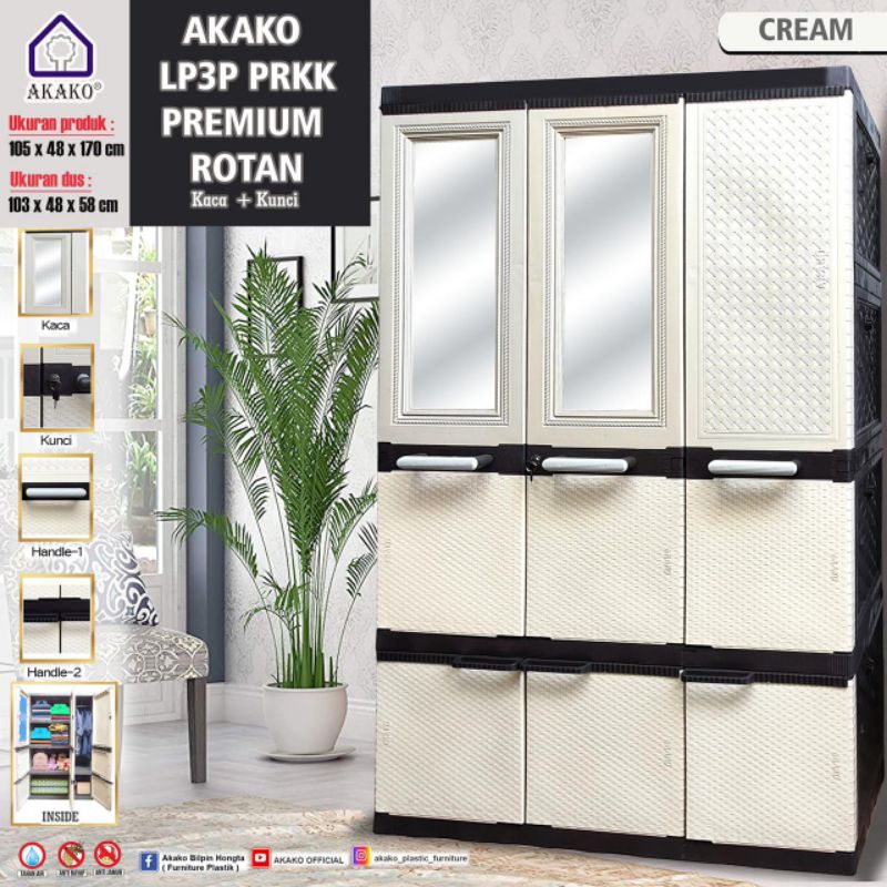 LEMARI PLASTIK 3 PINTU LP3P PRKK PREMIUM KACA GANTUNG KUNCI AKAKO