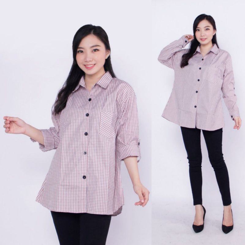 Kemeja Wanita Basic Lengan Panjang Katun Kotak Trendy/ Atas Wanita-Mocca