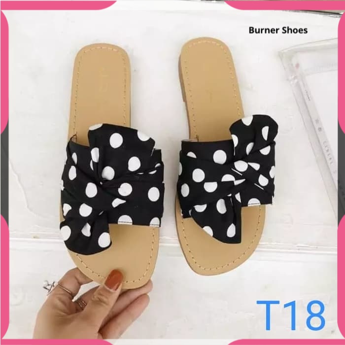 SANDAL WANITA TALI TEPLEK SENDAL HAK TAHU HEELS JEPIT PESTA POLKADOT HITAM