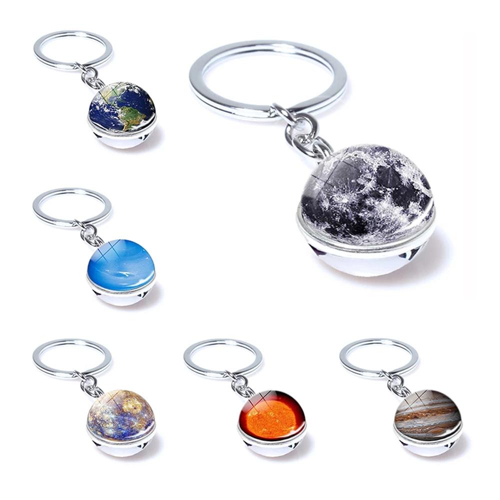 QUINTON Planet Keyring Hadiah Ulang Tahun Matahari Double Side Galaxy Moon Glass Ball Luminous