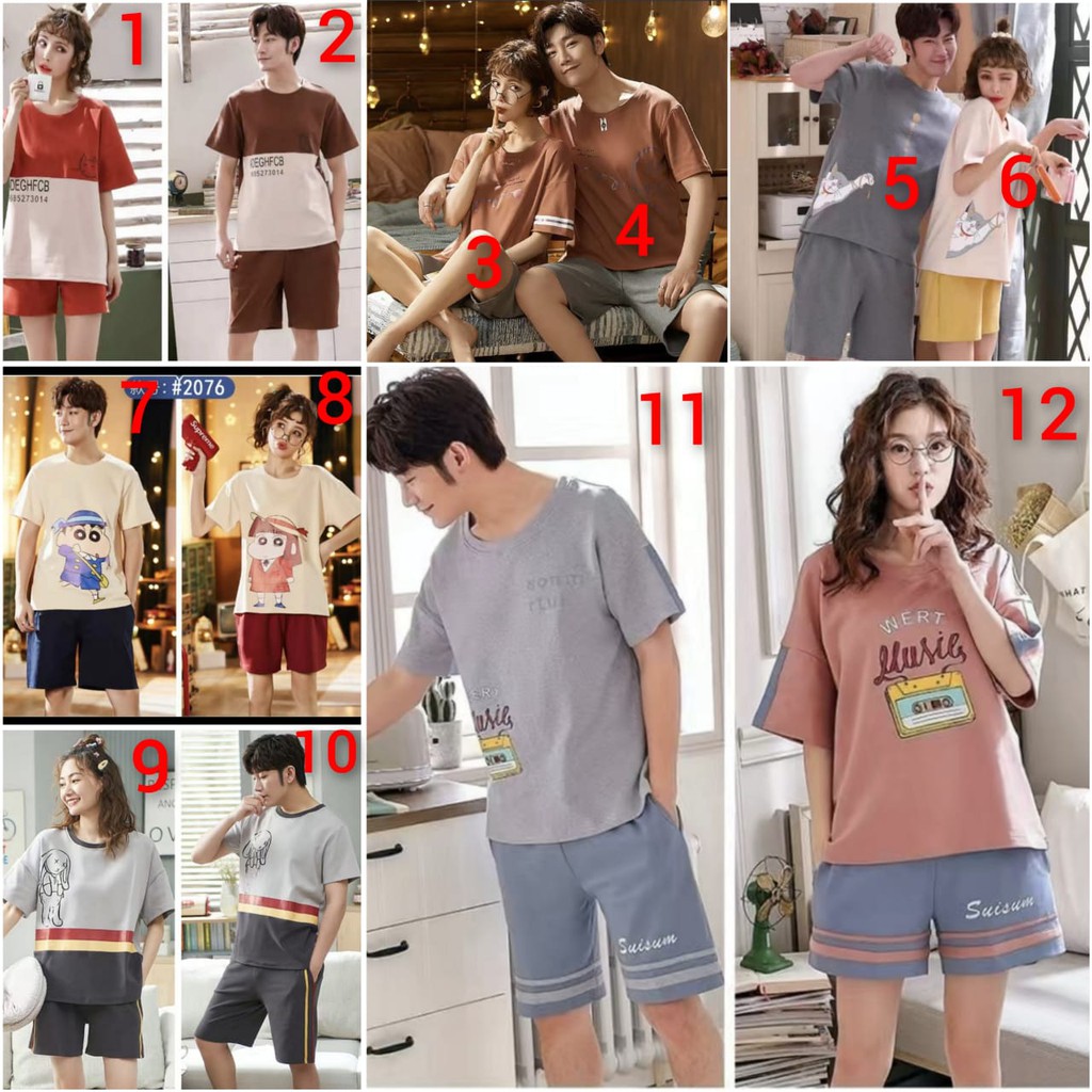 BAJU TIDUR PIYAMA LAKI LAKI PEREMPUAN COUPLE HP KAOS ADEM HALUS LEMBUT IMPORT BERKUALITAS LENGAN PENDEK SETELAN CELANA PENDEK WARNA CERAH TERBARU SIZE M-XXXL FIT TO 85KG