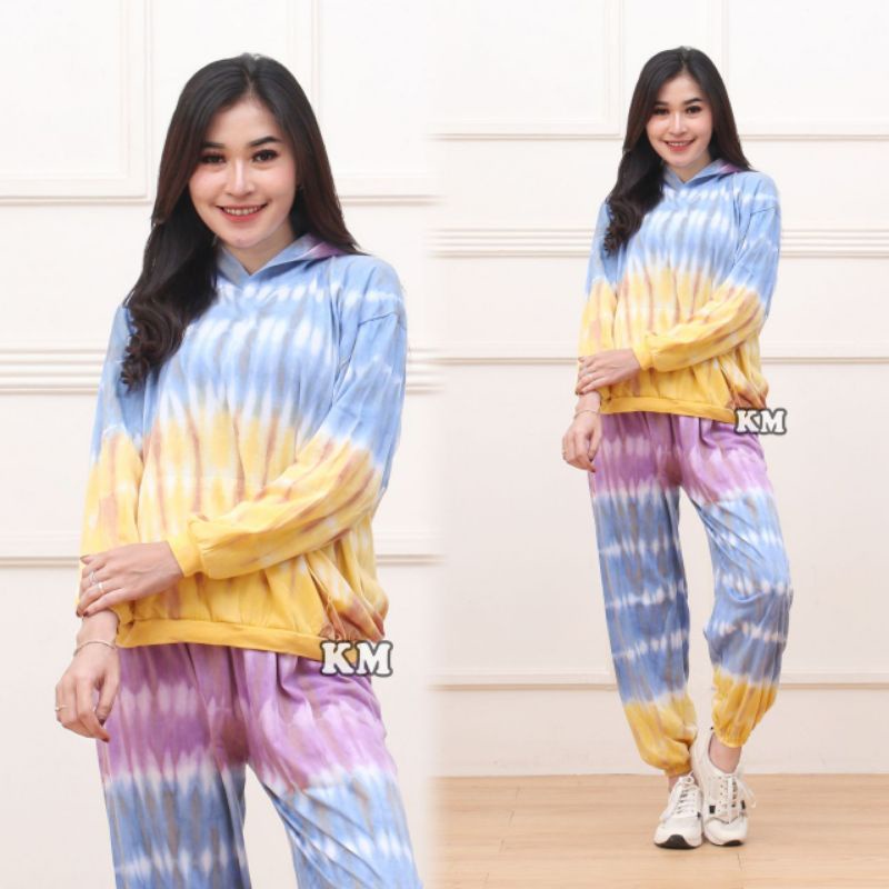 Setelan CP Sweater Hoodie Tiedye Set Celana Joger One Set Tiedye Fashion Baju Wanita Kekinian-Hoodie lapis Biru