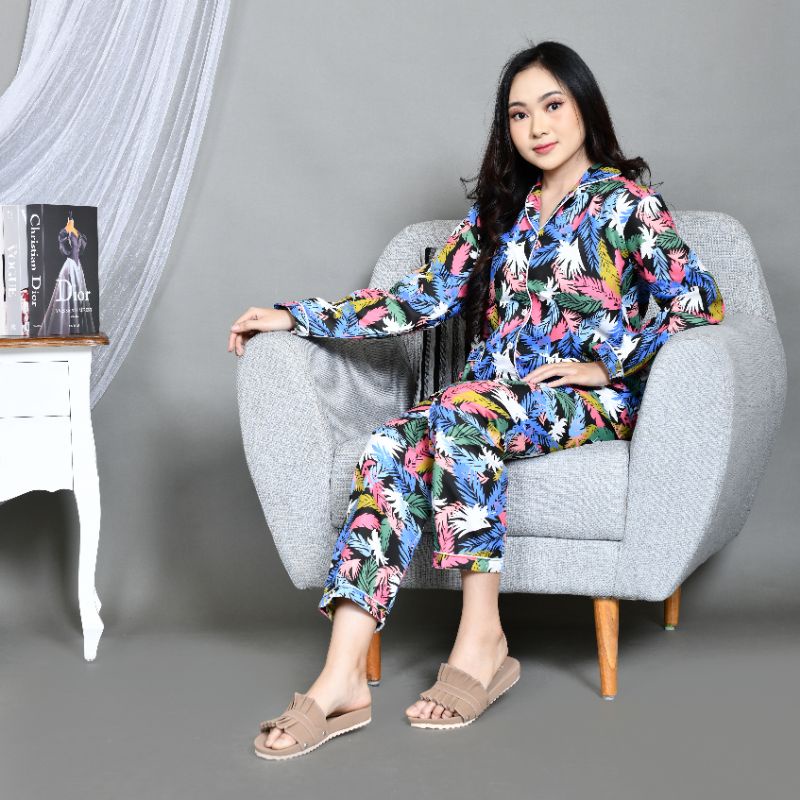 Baju Tidur Piyama Wanita/Cewek Pajamas Dewasa Katun Motif Daun Pastel PP Lengan Panjang Kekinian