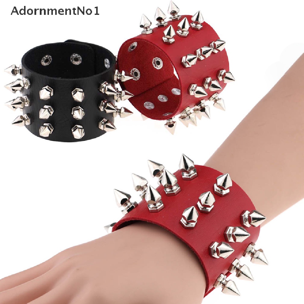 (AdornmentNo1) Gelang Tangan Kulit PU Lebar Aksen Rivet Tiga Baris Gaya Punk Gothic Rock Untuk Wanita