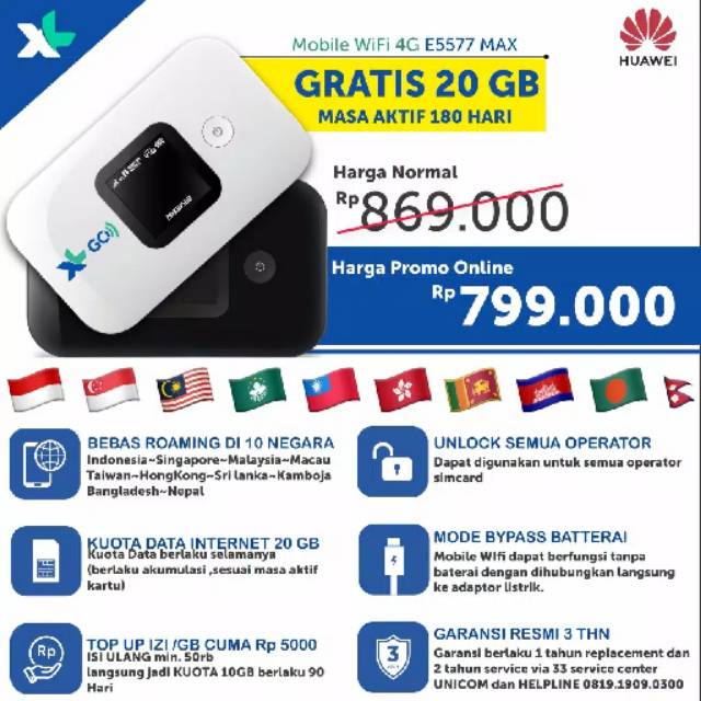 Modem Mifi Huawei E5577 max 4G anlog free XL Go izi 20gb