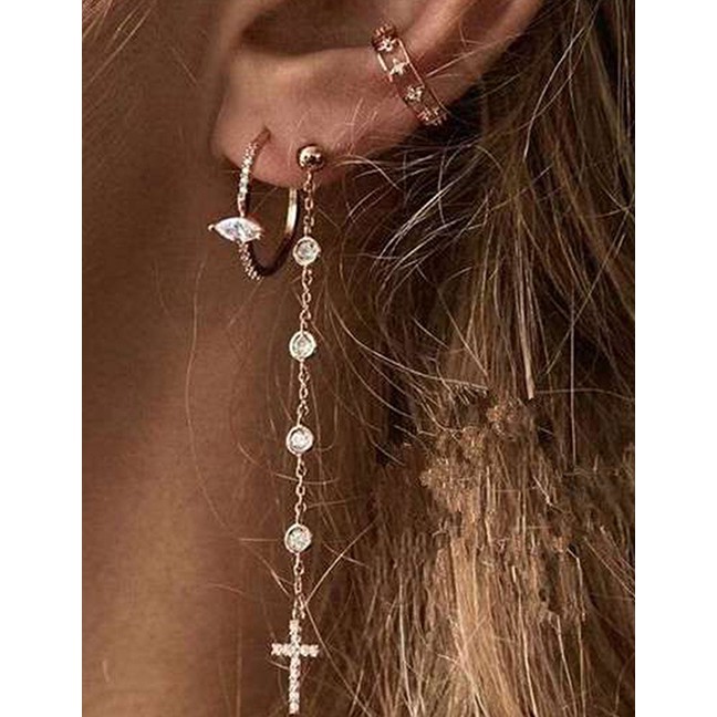 LRC Anting Set Fashion Golden Long Tassel Cross Asymmetrical Alloy Pierced P72150