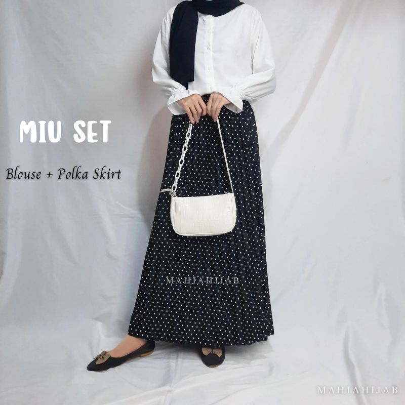 1 Set Miu Blouse Putih + Rok Polka/ setelan lengkap / paket hemat / by Mahiahijab korean style