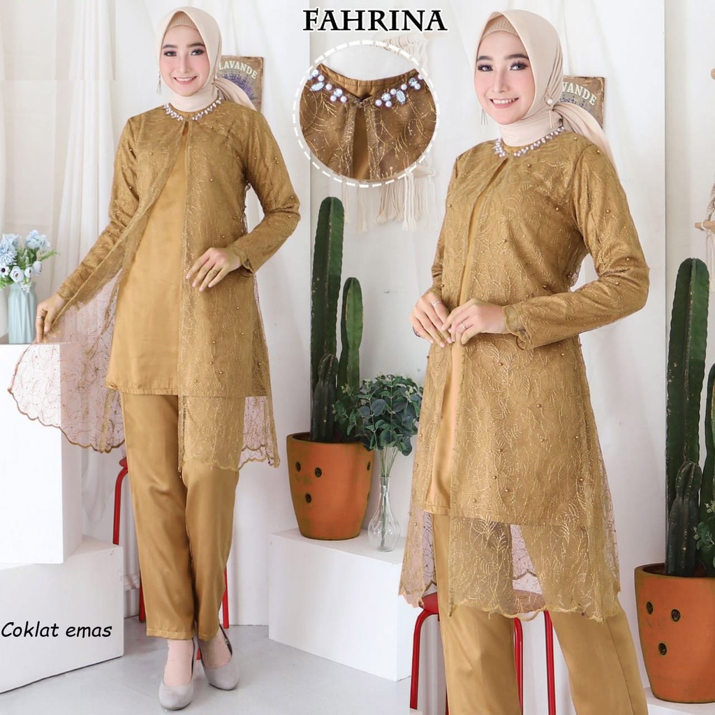 FAHRINA SETELAN BAJU MUSLIMAH PESTA TULLE BORDIR MUTIARA + CELANA