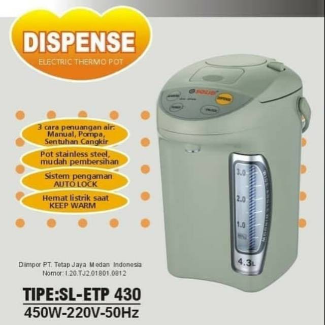 SOLID Termos Listrik Air Panas 4.3 Liter SL ETP 430 / Thermopot - Garansi 1 Tahun