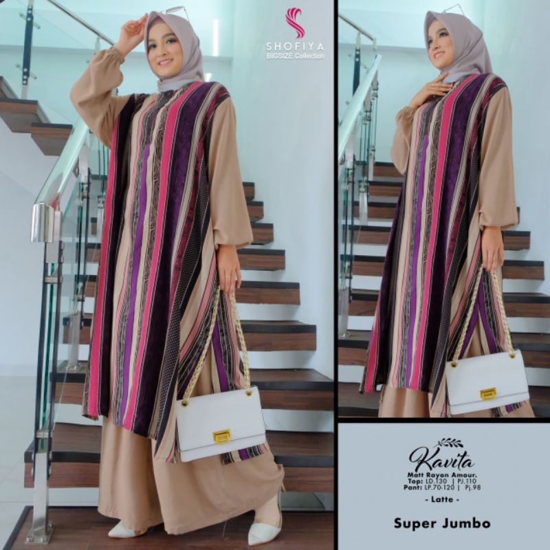 SET SUPER JUMBO GAMIS + CELANA RAYON MOTIF GARIS KAVITA BY SHOFIYA