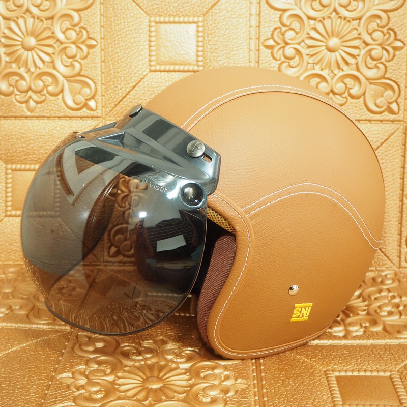 HELM BOGO KULIT CLASSIC SNI DEWASA PRIA DAN WANITA HELMET BOGGO RETRO KLASIK LEATHER SINTETIS KACA DATAR CEMBUNG WARNA COKLAT TUAMUDA