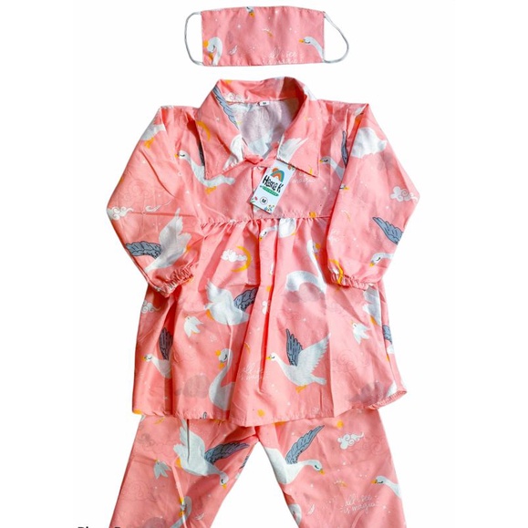 one set - setelan anak plus masker 2-5 tahun/setcel anak/baju anak perempuan-Angsa masker