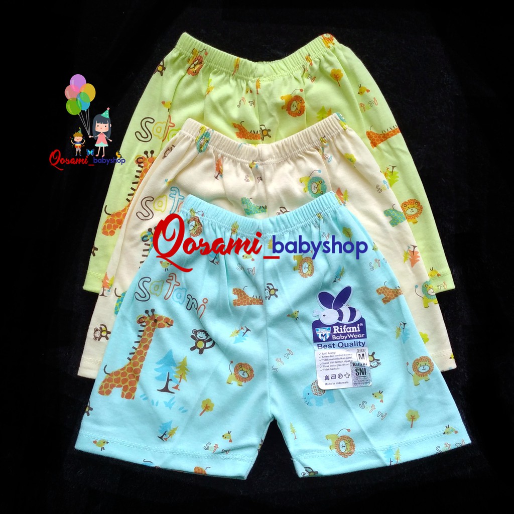 RIFANI 3 pcs Celana Warna Pendek Bayi Motif Uk S, M, L, XL SNI