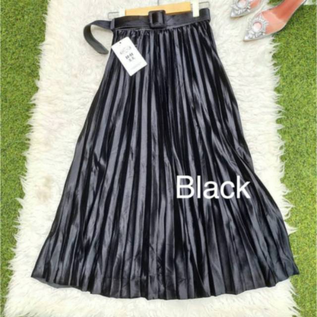 Rok panjang / long skirt plisket bludru velvet belt black only | import premium
