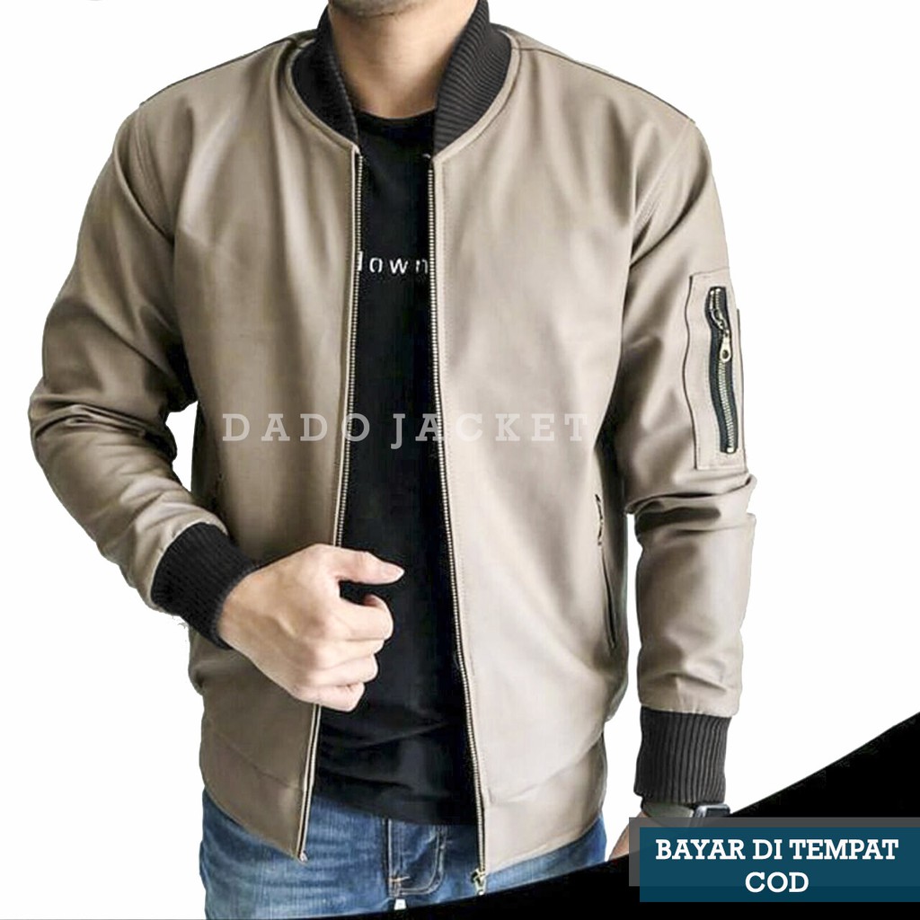 Jaket Bomber Pria Cowok Polos Original Premium Import Bahan Semi Kulit Sintetis Viena PU Leather Jac