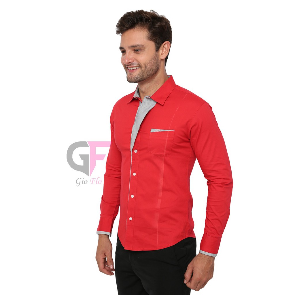 GIOFLO Kemeja Korea Pria Lengan Panjang Slimfit Keren Merah / LNG 1214