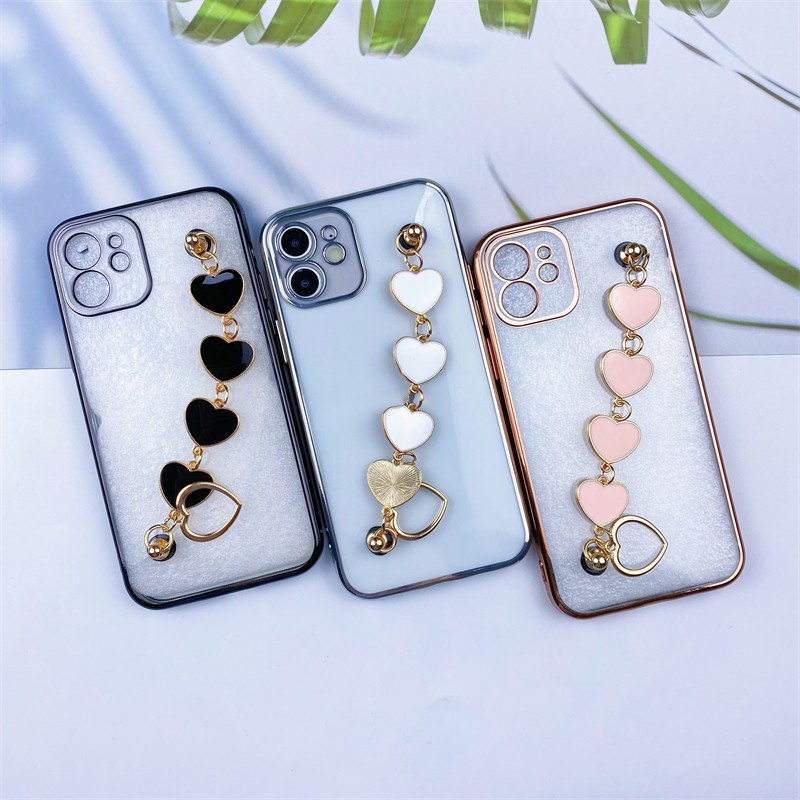 Soft Case Transparan Electroplated Ultra Tipis Dengan Gelang Anti Hilang Untuk iPhone 11 12 13 Pro X XS Max XR 7 8 Plus