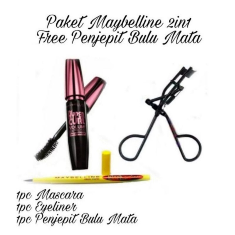 Paket Set Make Up Kosmetik Mascara Hypercurl - Eyeliner Free Penjepit Bulu Mata