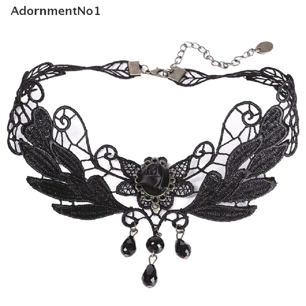 (AdornmentNo1) Kalung Choker Lace Aksen Bunga Mawar + Manik-Manik + Tetesan Air Untuk Perhiasan Wanita