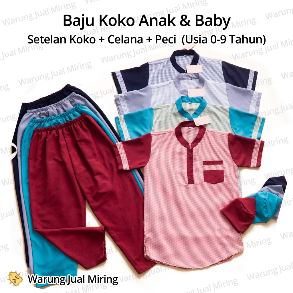 Setelan Anak Baju Koko Celana Panjang Peci Set Sarkoci Kemeja Kurta Motif Garis Sarung Kain Katun Laki Cowok Newborn Baby Bayi TK SD Sekolah Pesantren Muslim Islam Warna Biru Merah Hijau Abu Hitam Umur Usia 0 1 2 3 4 5 6 7 8 9 Tahun 10 11 12 18 24 Bulan